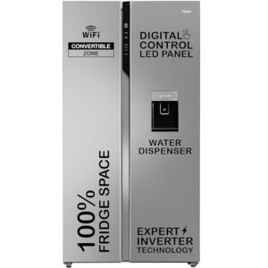 Haier SmartChoice 596L 3Star 2-Door Water Dispenser Side by Side Frost Free Refrigerator|Convertible|Smart Sense AI | Expert Inverter|Digital Display Panel (HRS-682SWDU1, Shiny Silver)